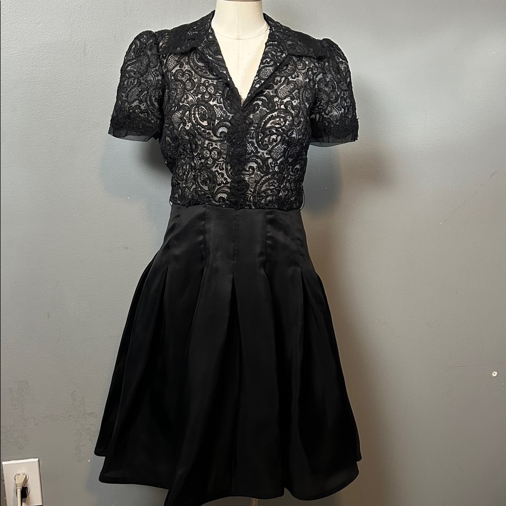 Vintage Kevan Hall Lace top pleated waist midi length fit flare Black Dress 8
